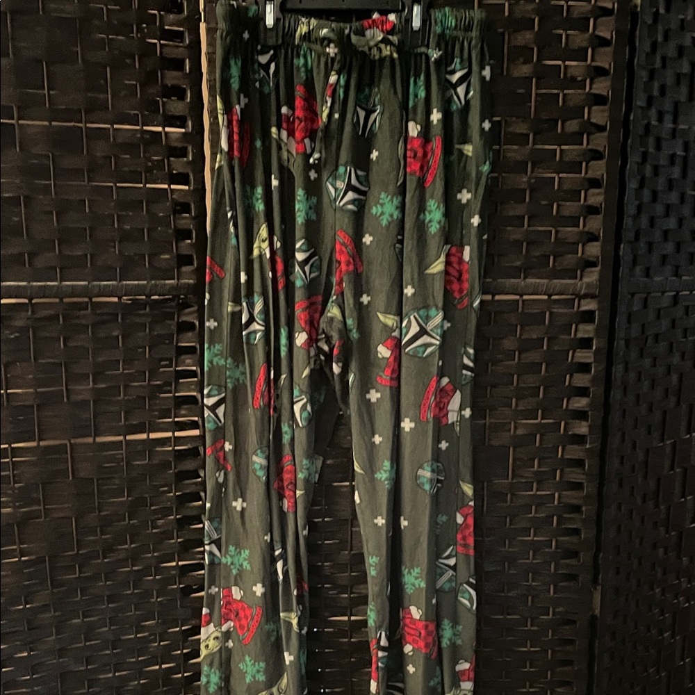 Festive Green Star Wars Mandalorian Pajama Pants with Red and White Accents
